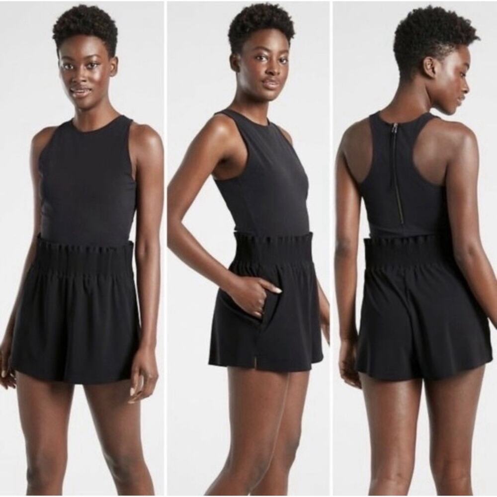 Athleta Cosmic Flutter Romper XS Black Athleisure Performance Tennis Zip Pockets